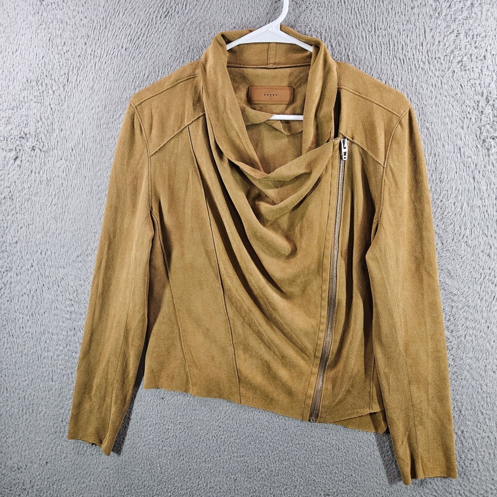 Blank NYC Womens Tan Faux Suede Draped Cowl Neck Moto Jacket Medium